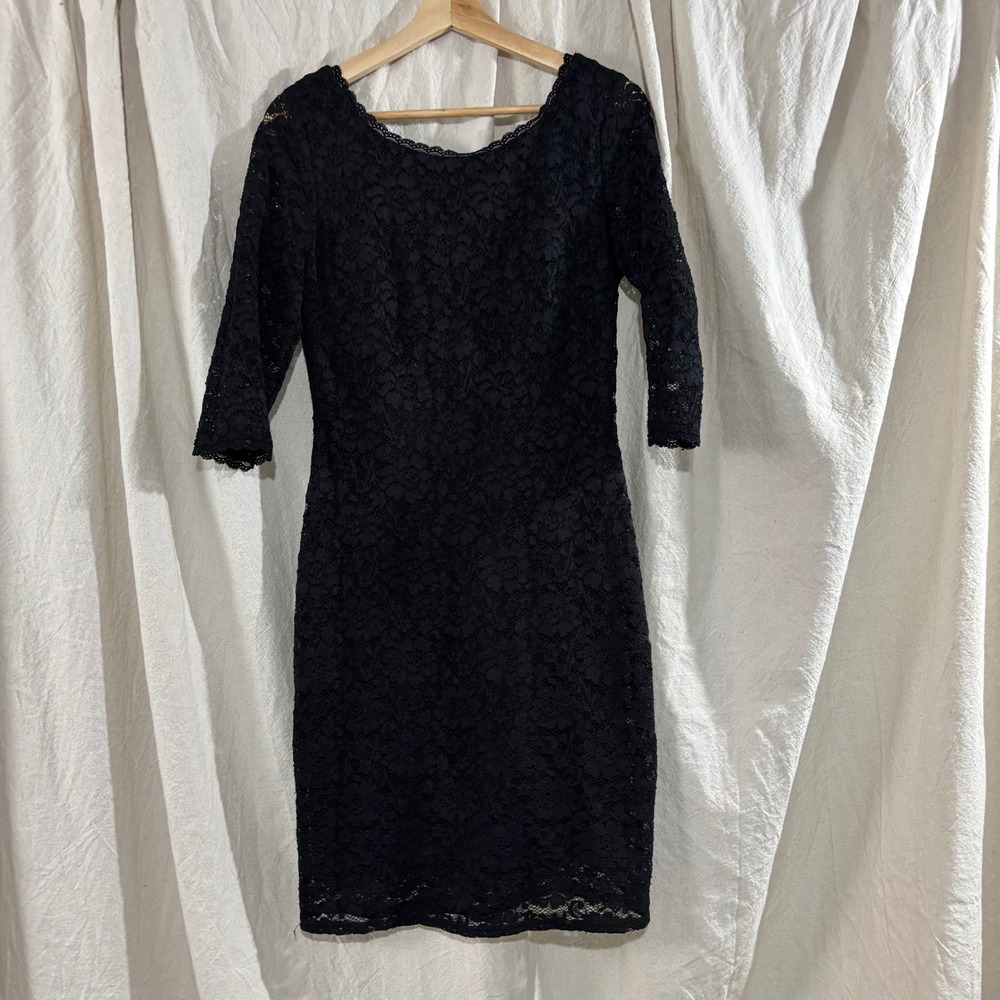 Laundry by Shelli Segal Black Lace Sheath Dress 3/4 Sleeve Bodycon LBD 8